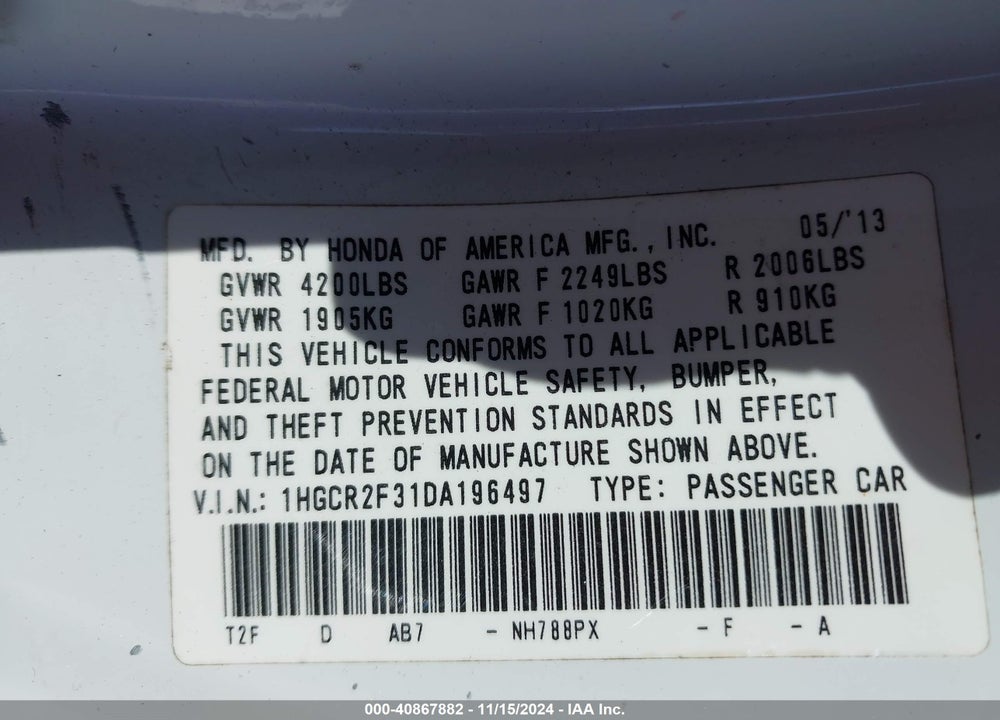 2013 HONDA ACCORD LX VIN: 1HGCR2F31DA196497