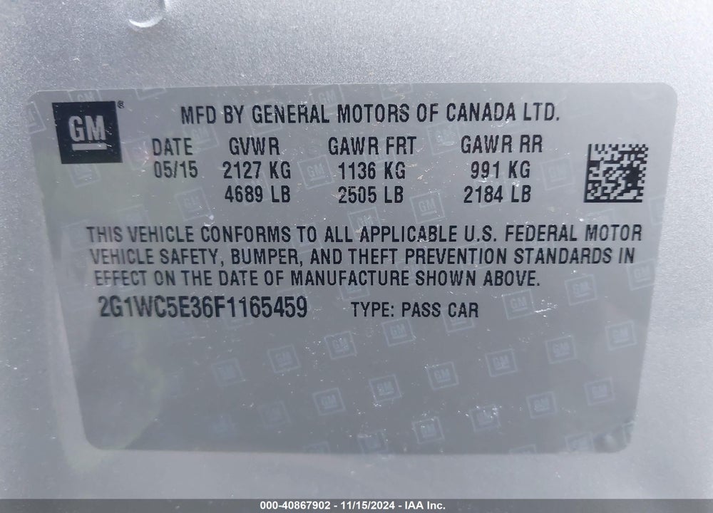 2015 CHEVROLET IMPALA LIMITED VIN: 2G1WC5E36F1165459