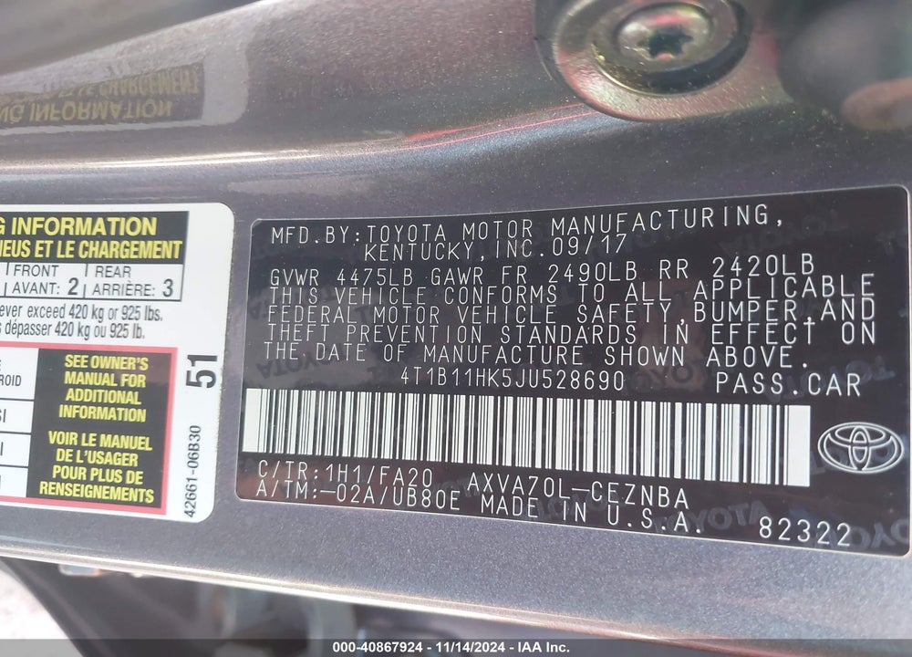 2018 TOYOTA CAMRY LE VIN: 4T1B11HK5JU528690