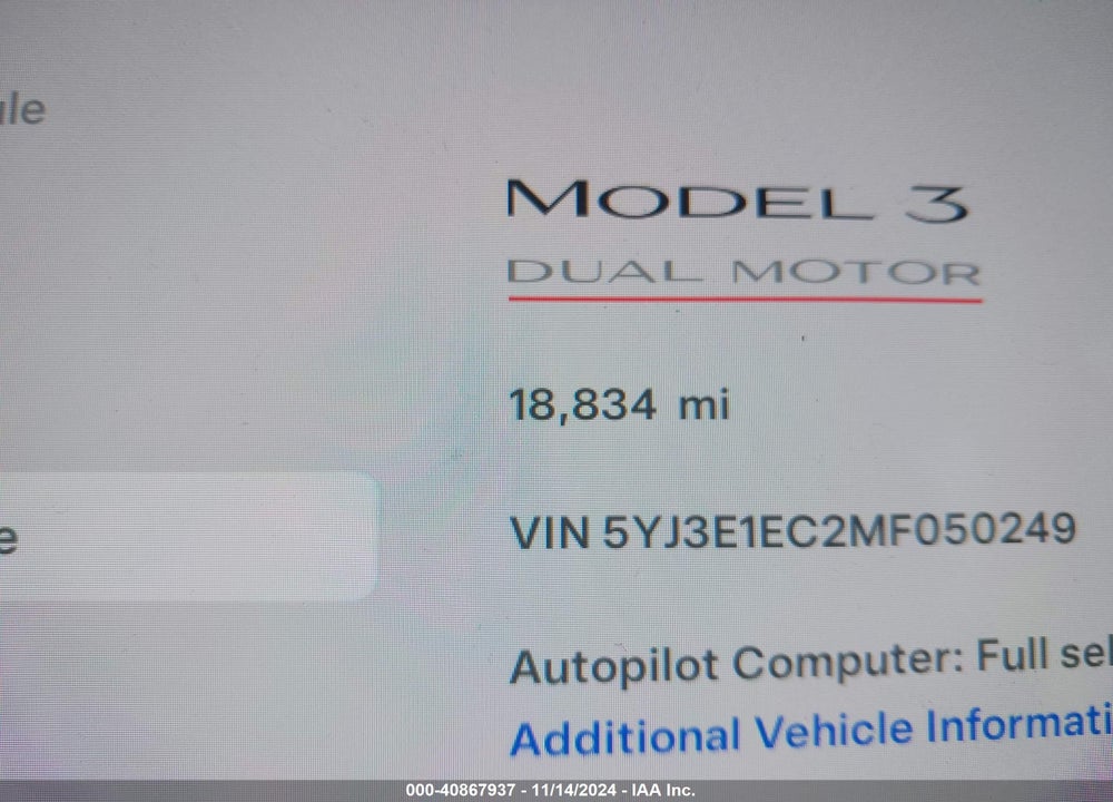 2021 TESLA MODEL 3 PERFORMANCE DUAL MOTOR ALL-WHEEL DRIVE VIN: 5YJ3E1EC2MF050249