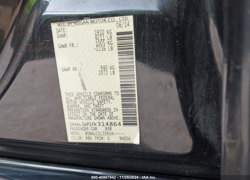 2015 NISSAN ALTIMA 2.5/2.5 S/2.5 SL/2.5 SV VIN: 1N4AL3AP1FN314864