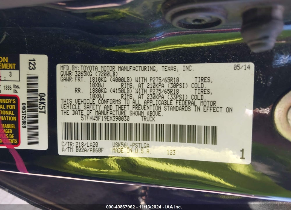 2014 TOYOTA TUNDRA LIMITED 5.7L V8 VIN: 5TFHW5F19EX390030