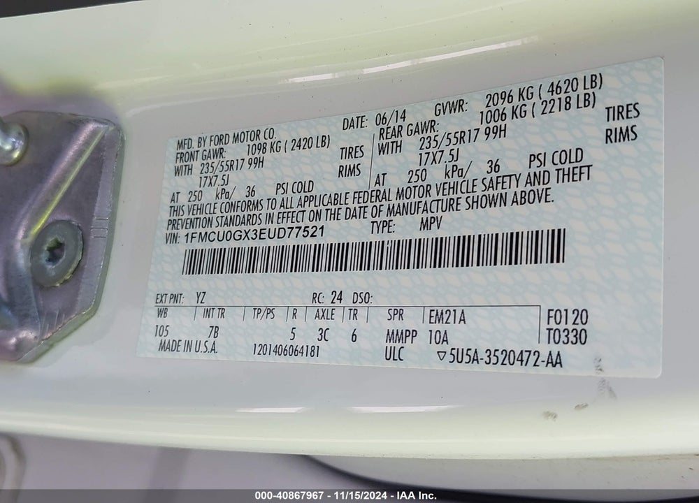 2014 FORD ESCAPE SE VIN: 1FMCU0GX3EUD77521