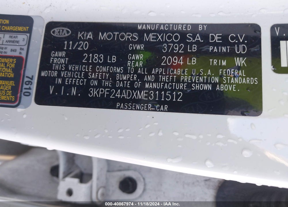 2021 KIA FORTE LXS VIN: 3KPF24ADXME311512