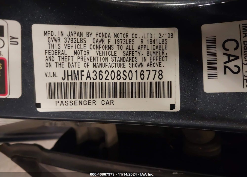 2008 HONDA CIVIC HYBRID VIN: JHMFA36208S016778