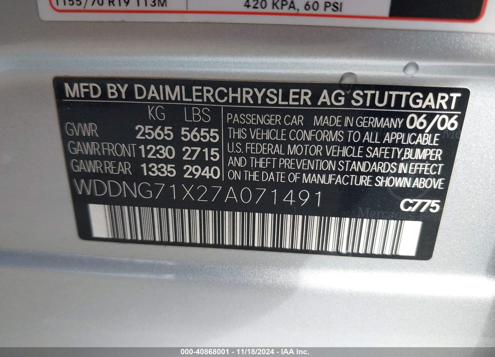 2007 MERCEDES-BENZ S 550 VIN: WDDNG71X27A071491