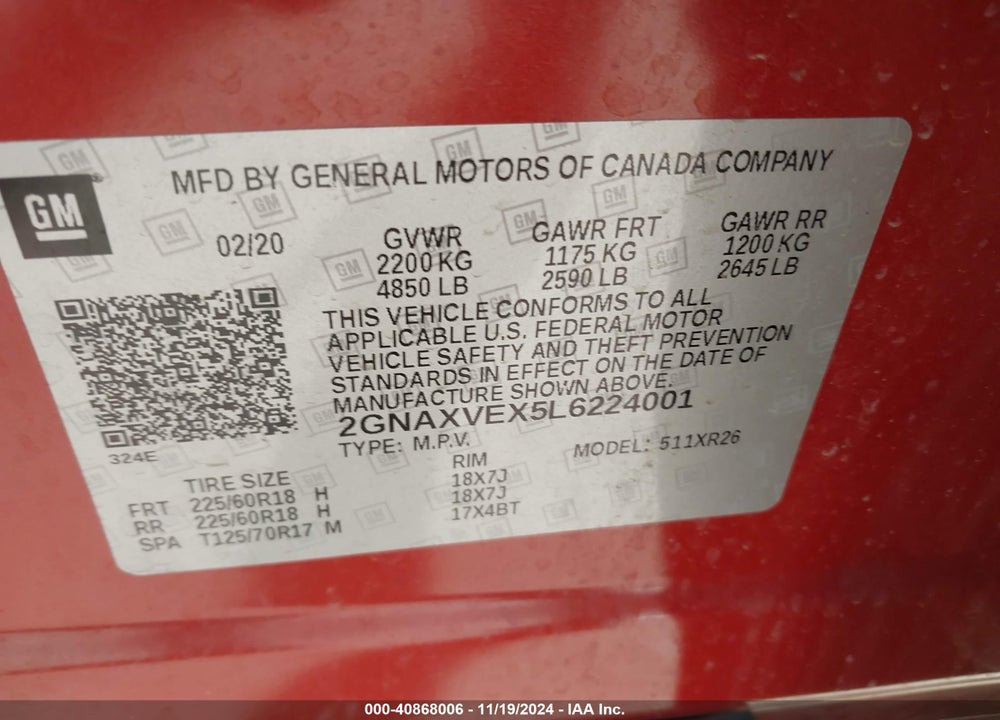 2020 CHEVROLET EQUINOX AWD LT 2.0L TURBO VIN: 2GNAXVEX5L6224001