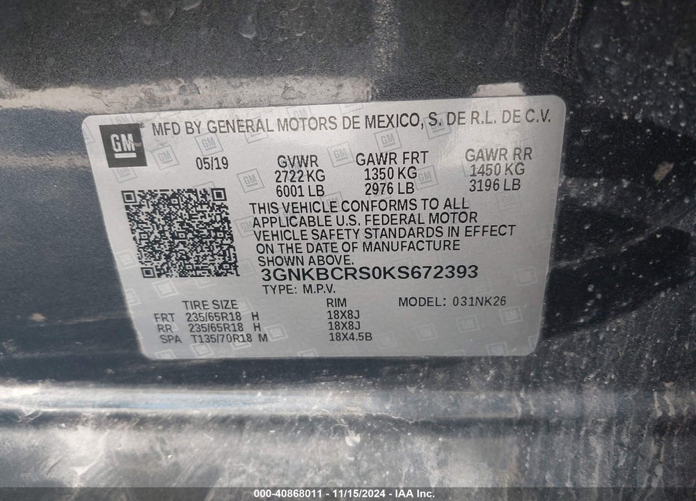 2019 CHEVROLET BLAZER VIN: 3GNKBCRS0KS672393