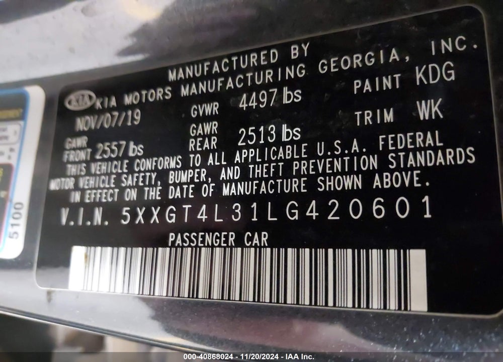 2020 KIA OPTIMA LX VIN: 5XXGT4L31LG420601