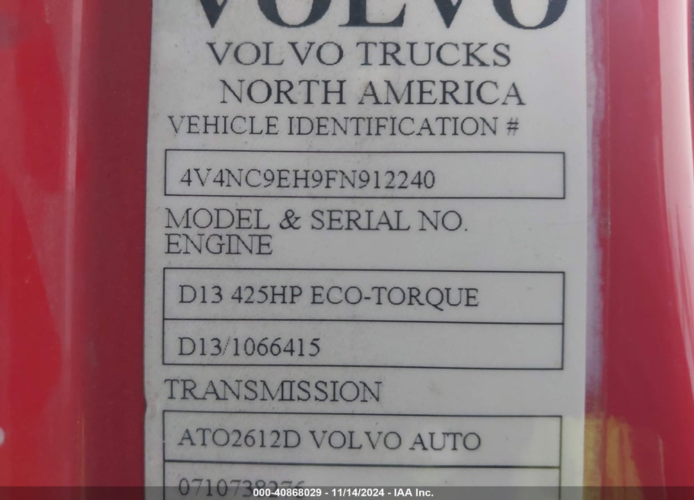 2015 VOLVO VN VNL VIN: 4V4NC9EH9FN912240