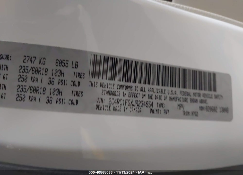 2018 CHRYSLER PACIFICA TOURING PLUS VIN: 2C4RC1FGXJR234954