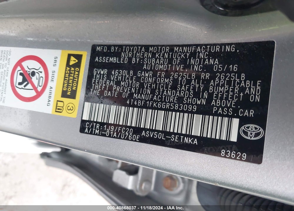 2016 TOYOTA CAMRY LE VIN: 4T4BF1FK6GR583099