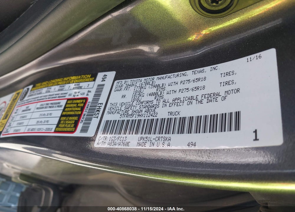 2017 TOYOTA TUNDRA SR5 4.6L V8 VIN: 5TFRM5F19HX112422