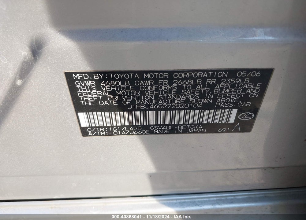 2007 LEXUS ES 350 VIN: JTHBJ46G272020104