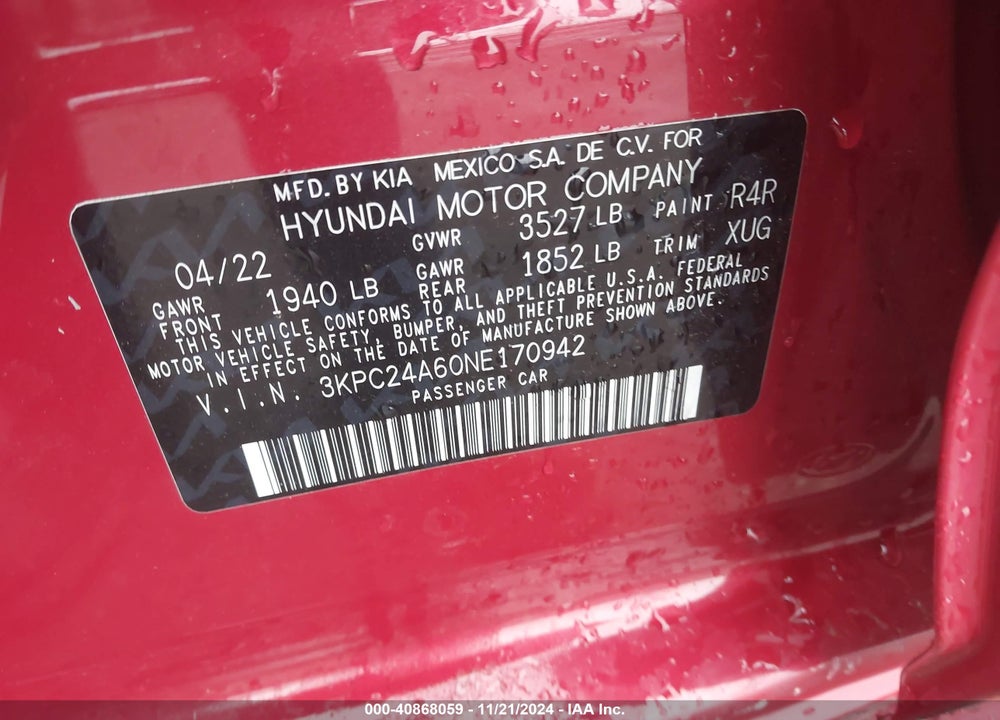 2022 HYUNDAI ACCENT SE VIN: 3KPC24A60NE170942