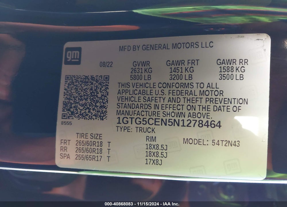 2022 GMC CANYON 2WD SHORT BOX ELEVATION VIN: 1GTG5CEN5N1278464