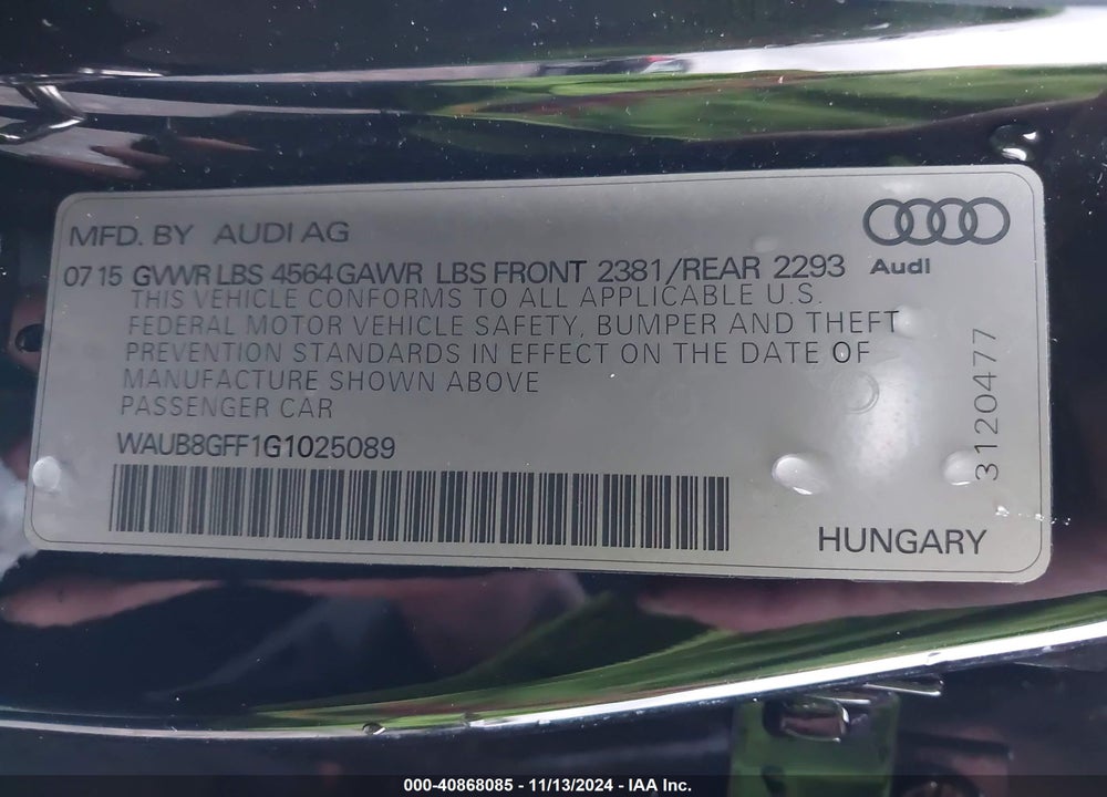 2016 AUDI A3 VIN: WAUB8GFF1G1025089