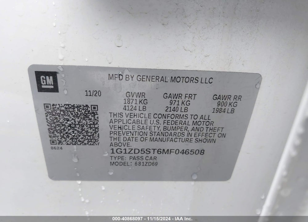 2021 CHEVROLET MALIBU FWD LT VIN: 1G1ZD5ST6MF046508