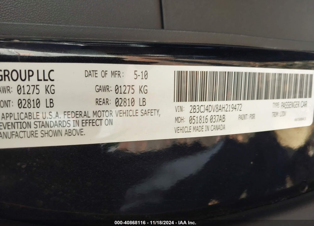 2010 DODGE CHALLENGER SE VIN: 2B3CJ4DV8AH219472