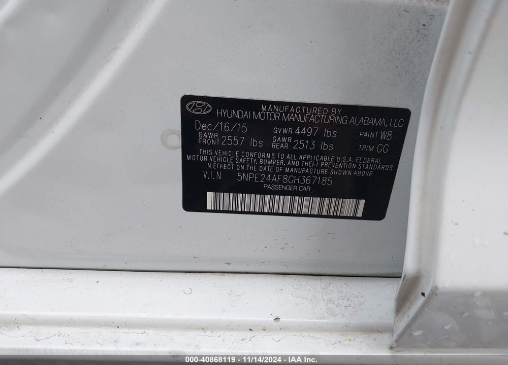2016 HYUNDAI SONATA SE VIN: 5NPE24AF8GH367185