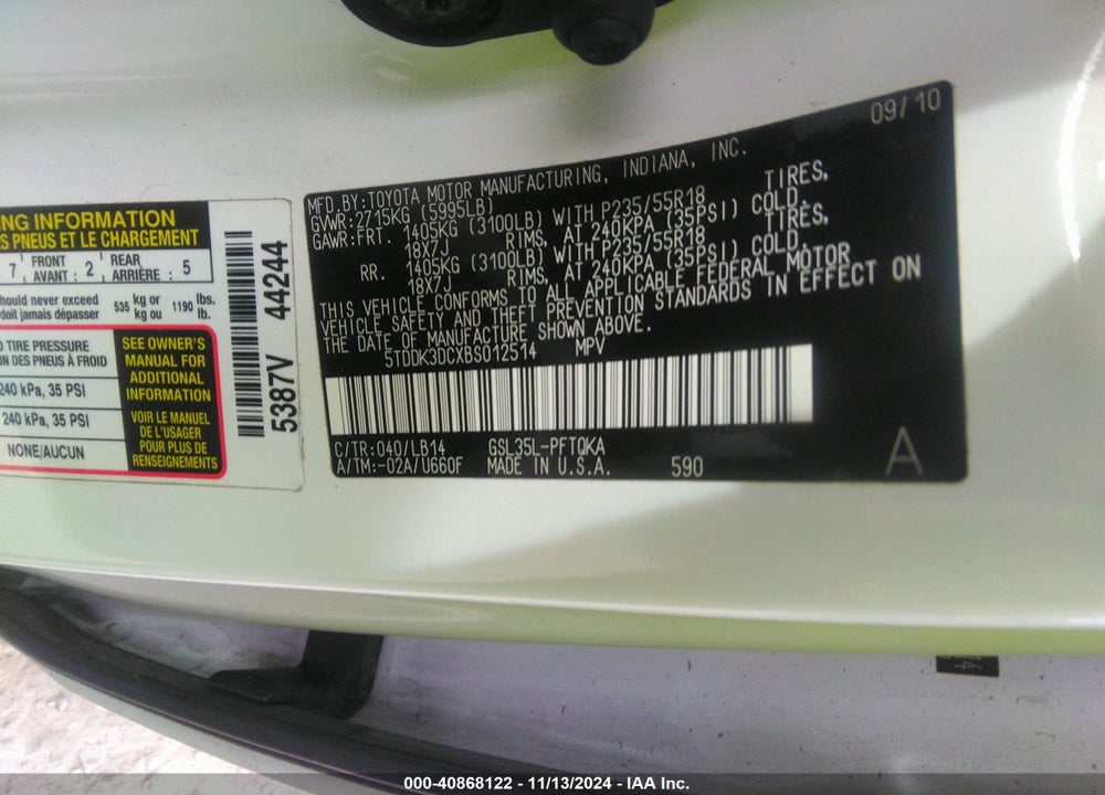 2011 TOYOTA SIENNA XLE VIN: 5TDDK3DCXBS012514
