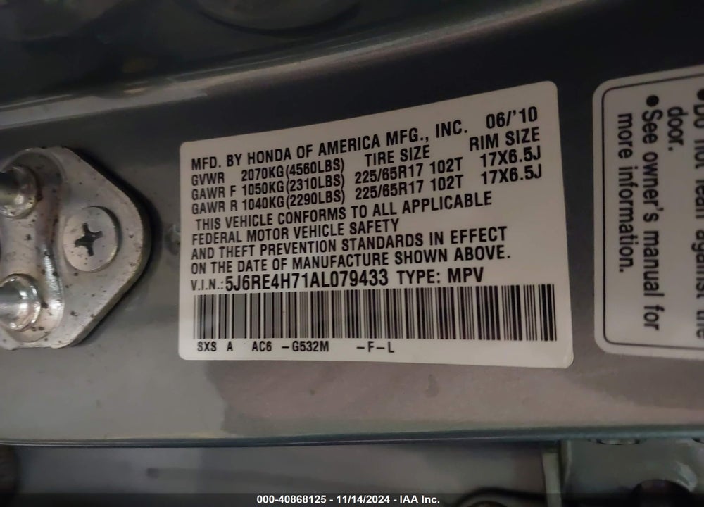 2010 HONDA CR-V EX-L VIN: 5J6RE4H71AL079433