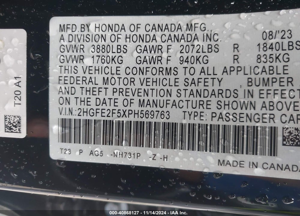 2023 HONDA CIVIC SPORT VIN: 2HGFE2F5XPH569763
