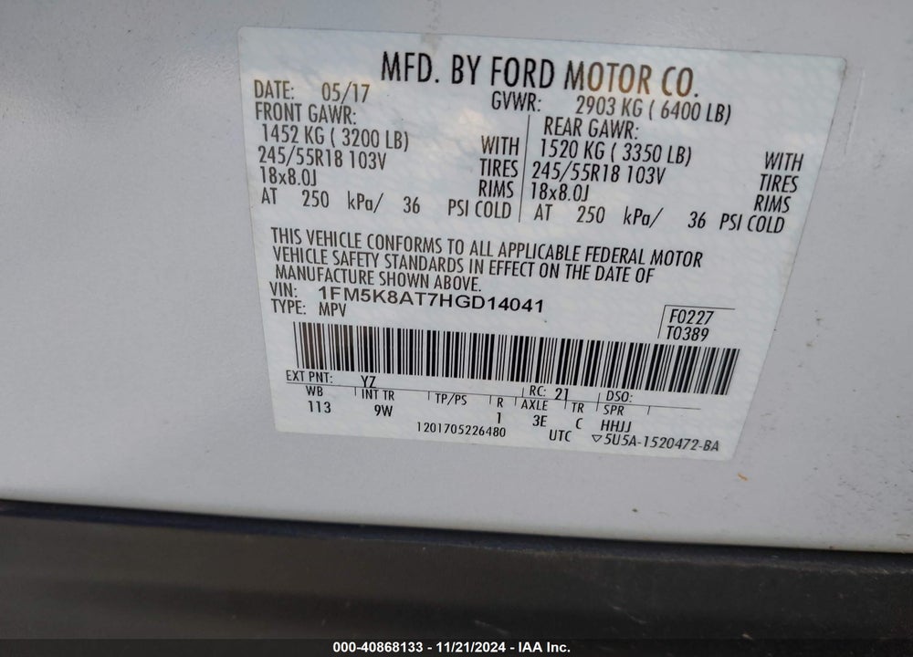 2017 FORD UTILITY POLICE INTERCEPTOR VIN: 1FM5K8AT7HGD14041
