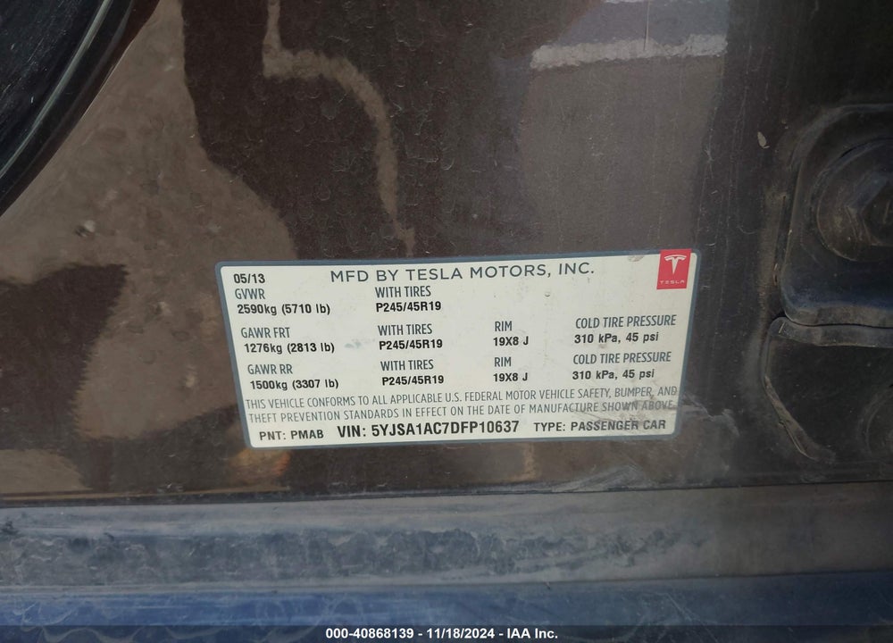 2013 TESLA MODEL S VIN: 5YJSA1AC7DFP10637