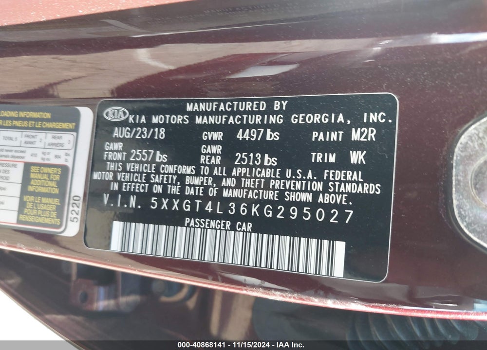 2019 KIA OPTIMA LX VIN: 5XXGT4L36KG295027