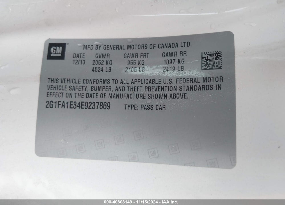 2014 CHEVROLET CAMARO 2LS VIN: 2G1FA1E34E9237869