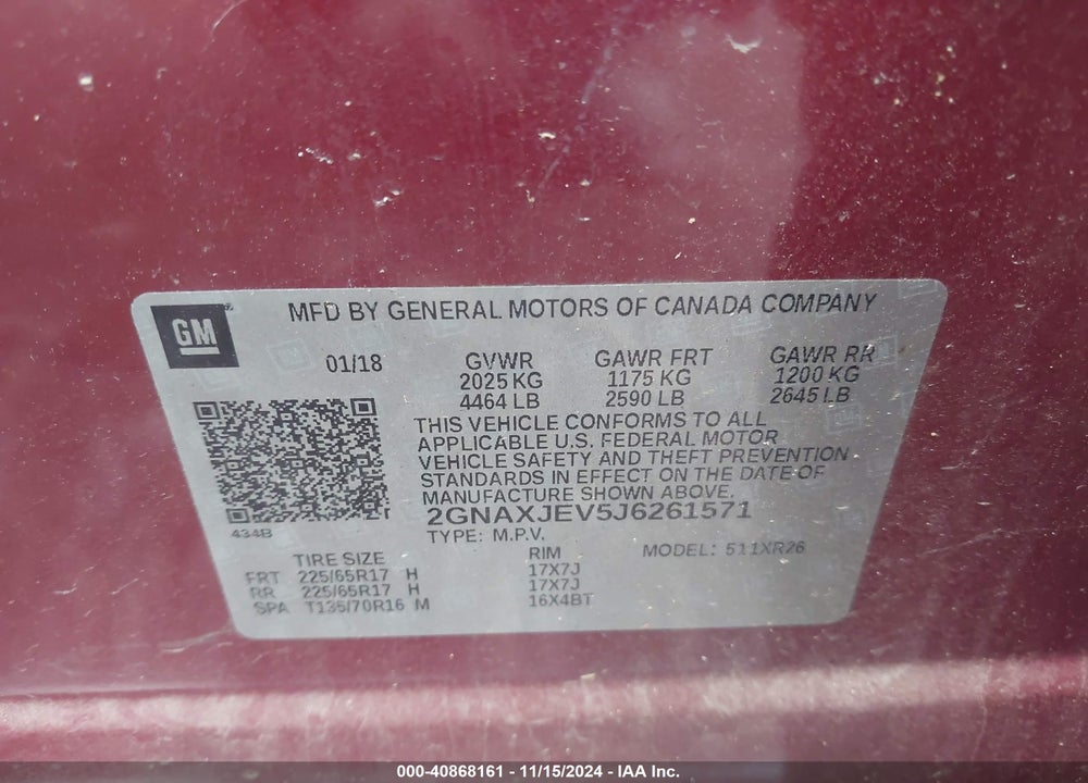 2018 CHEVROLET EQUINOX LT VIN: 2GNAXJEV5J6261571