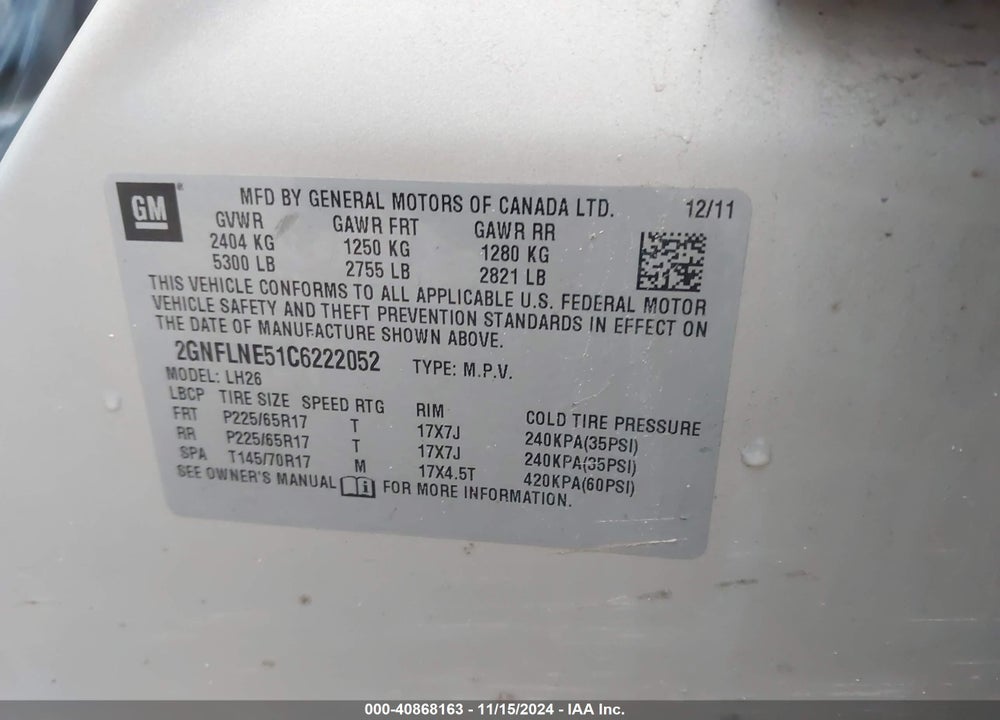 2012 CHEVROLET EQUINOX 2LT VIN: 2GNFLNE51C6222052
