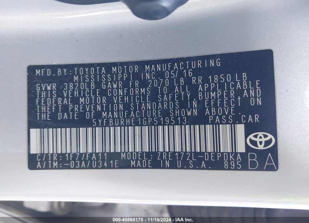 2016 TOYOTA COROLLA L VIN: 5YFBURHE1GP519513