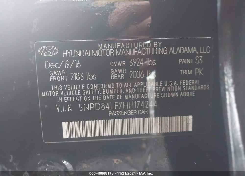 2017 HYUNDAI ELANTRA SE VIN: 5NPD84LF7HH174244