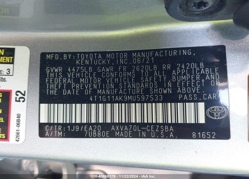 2021 TOYOTA CAMRY SE VIN: 4T1G11AK9MU597533