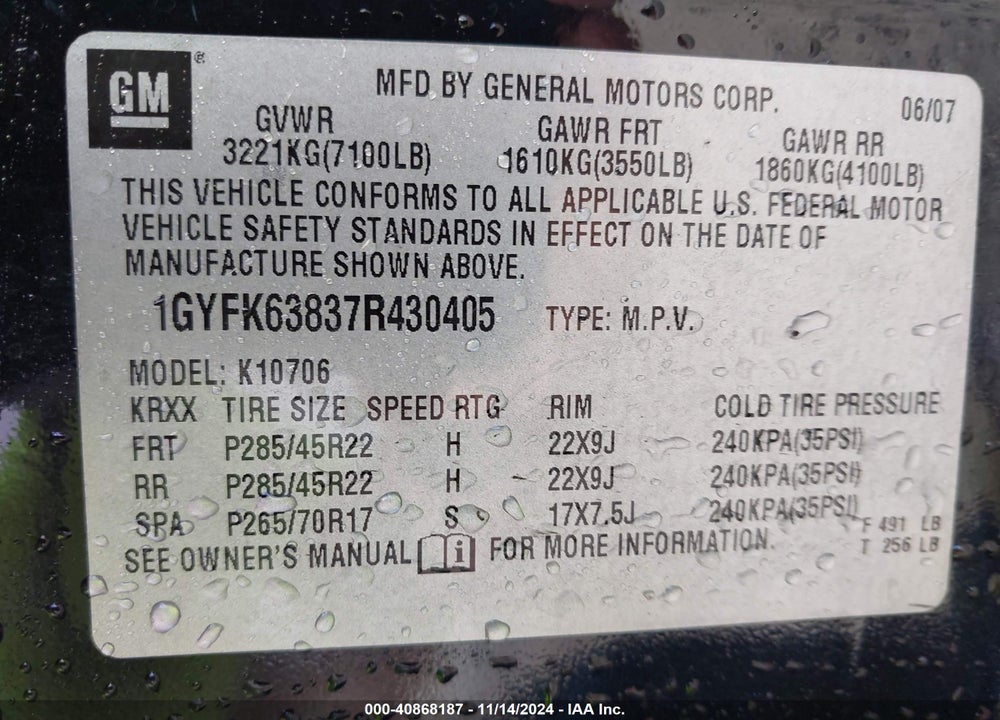 2007 CADILLAC ESCALADE STANDARD VIN: 1GYFK63837R430405