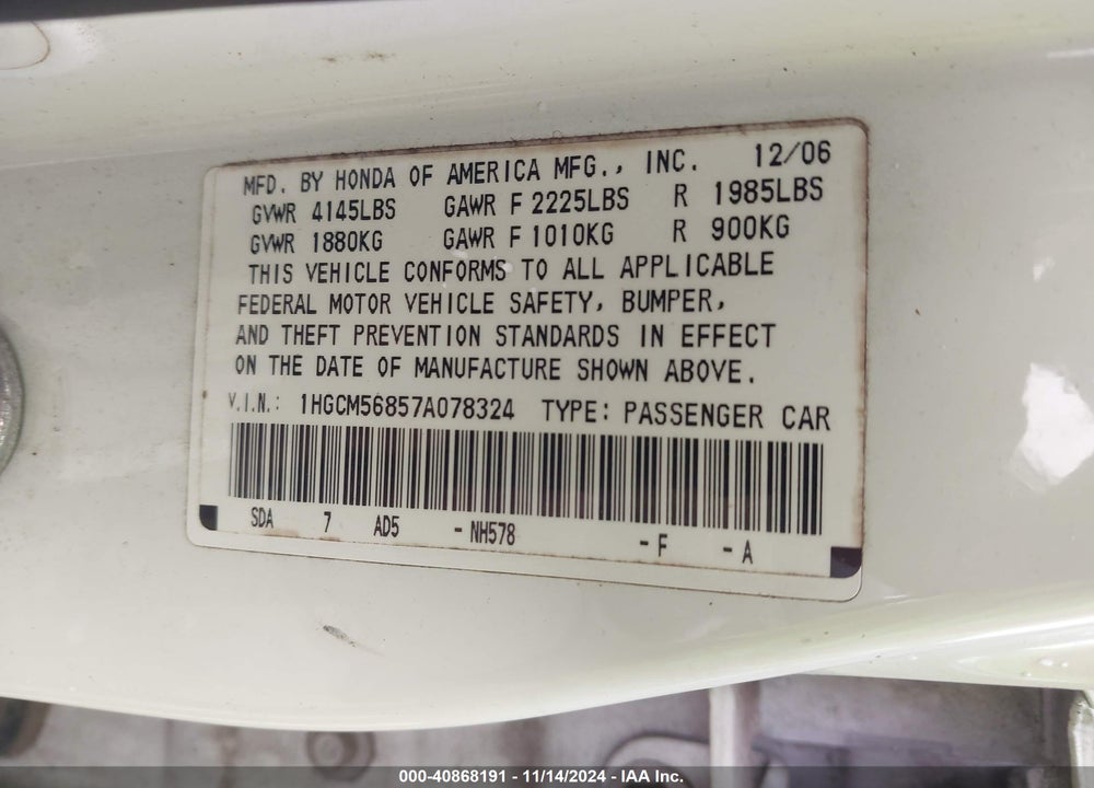 2007 HONDA ACCORD 2.4 EX VIN: 1HGCM56857A078324
