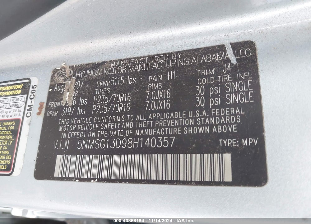 2008 HYUNDAI SANTA FE GLS VIN: 5NMSG13D98H140357