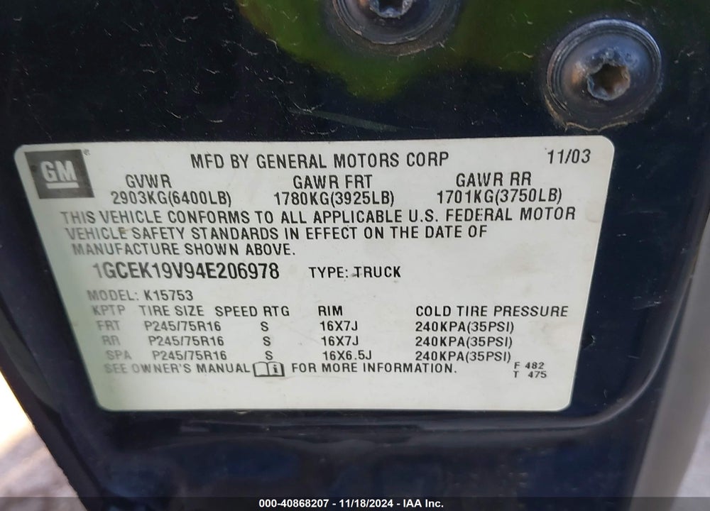 2004 CHEVROLET SILVERADO 1500 LS VIN: 1GCEK19V94E206978