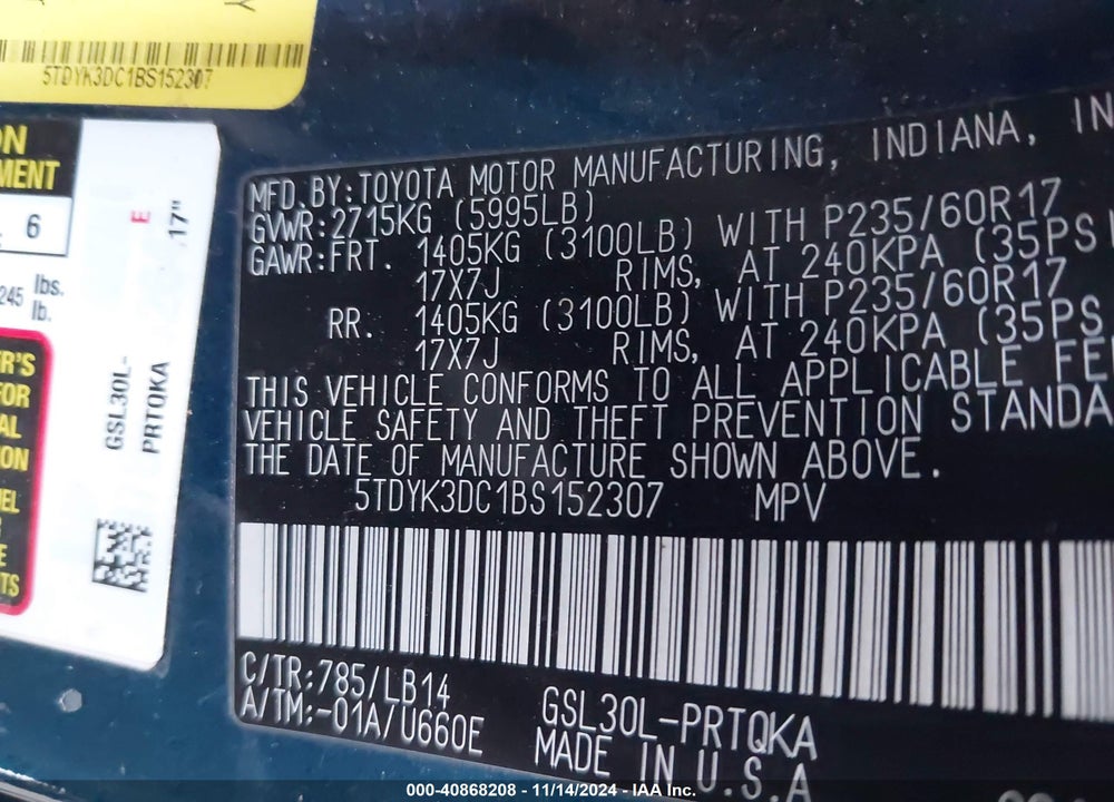 2011 TOYOTA SIENNA XLE LIMITED VIN: 5TDYK3DC1BS152307
