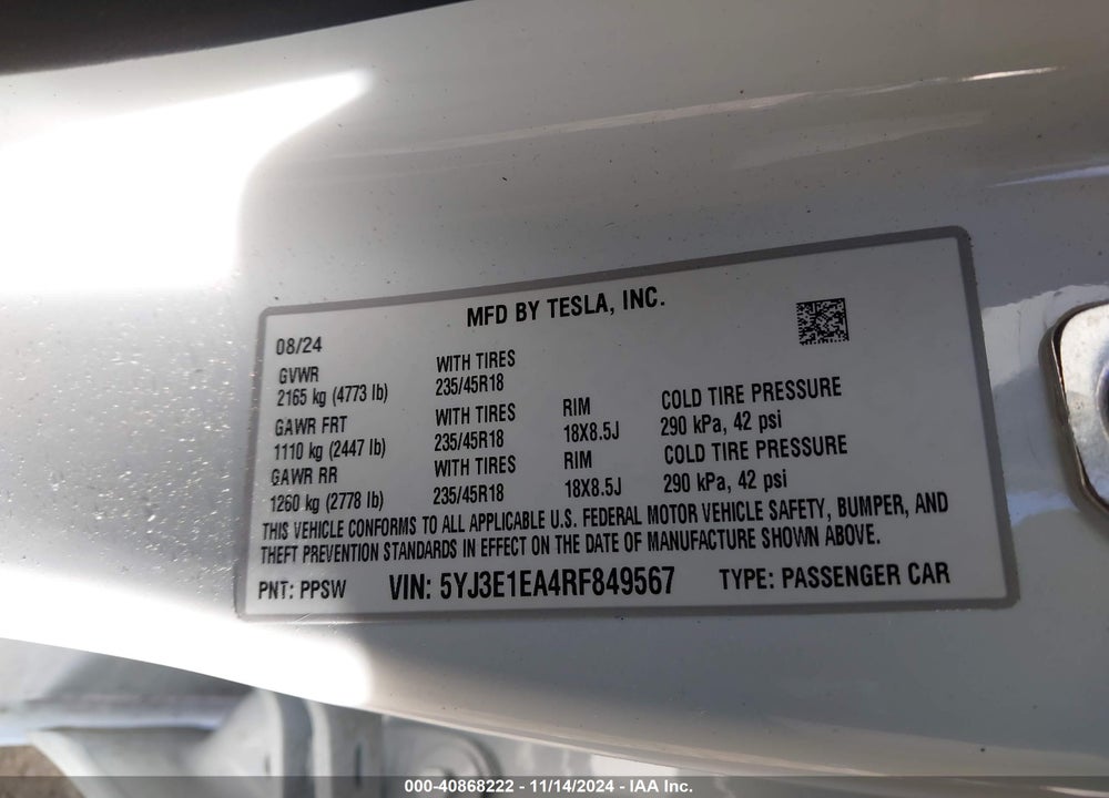 2024 TESLA MODEL 3 REAR-WHEEL DRIVE VIN: 5YJ3E1EA4RF849567