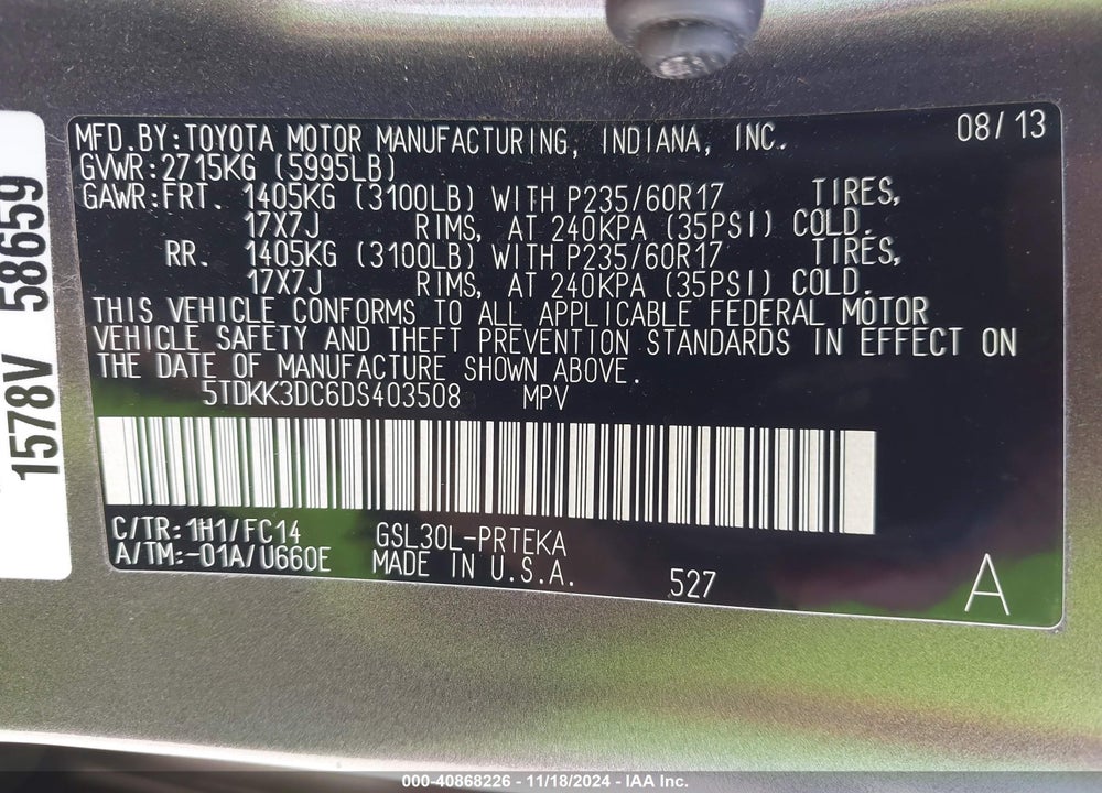 2013 TOYOTA SIENNA LE V6 8 PASSENGER VIN: 5TDKK3DC6DS403508