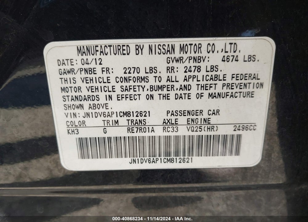 2012 INFINITI G25 JOURNEY VIN: JN1DV6AP1CM812621