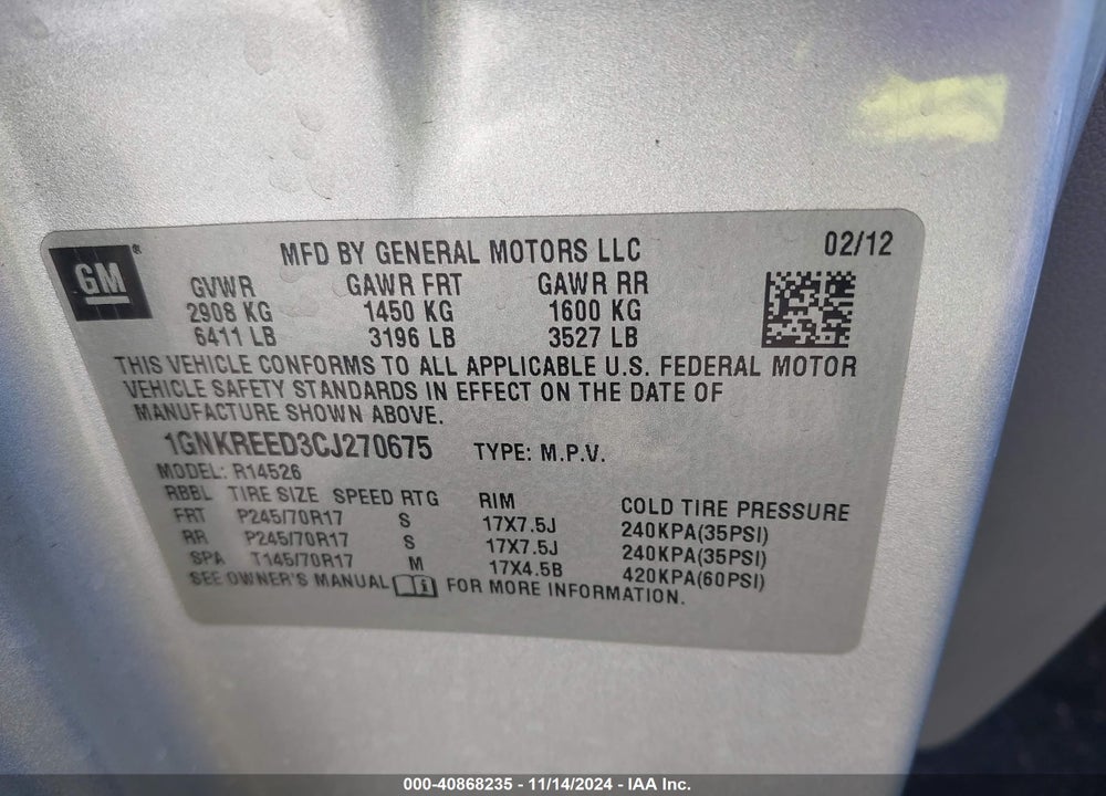 2012 CHEVROLET TRAVERSE LS VIN: 1GNKREED3CJ270675
