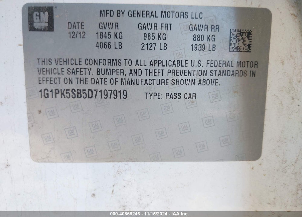 2013 CHEVROLET CRUZE LT VIN: 1G1PK5SB5D7197919