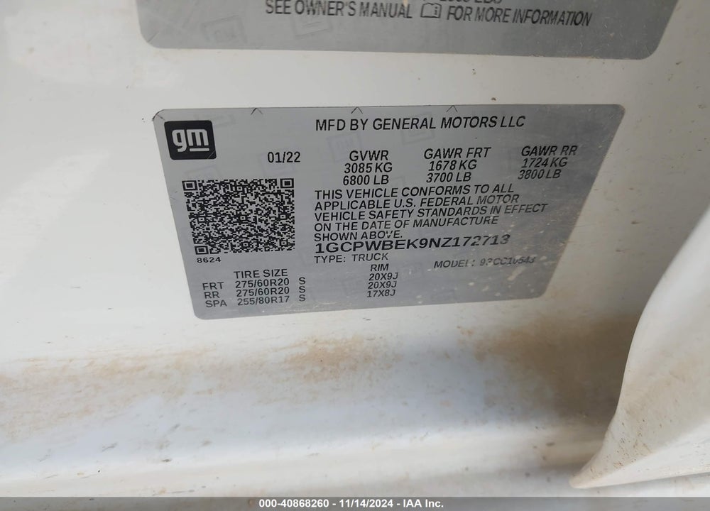 2022 CHEVROLET SILVERADO 1500 LTD 2WD SHORT BED CUSTOM VIN: 1GCPWBEK9NZ172713