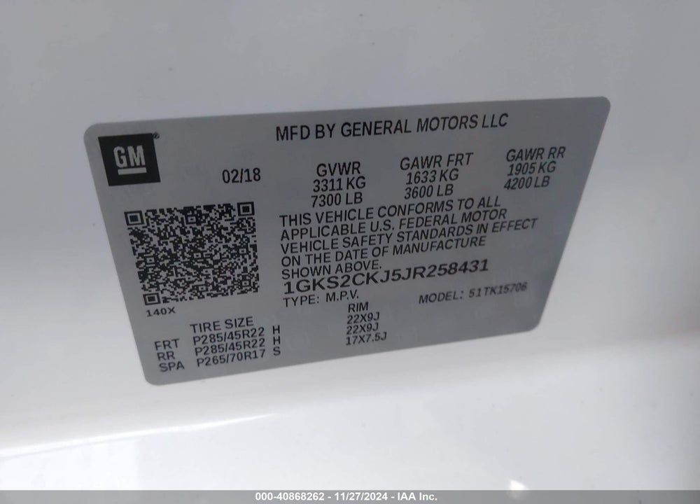 2018 GMC YUKON DENALI VIN: 1GKS2CKJ5JR258431