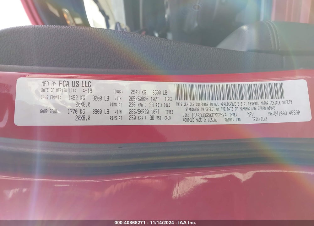 2019 DODGE DURANGO GT PLUS AWD VIN: 1C4RDJDG5KC722574