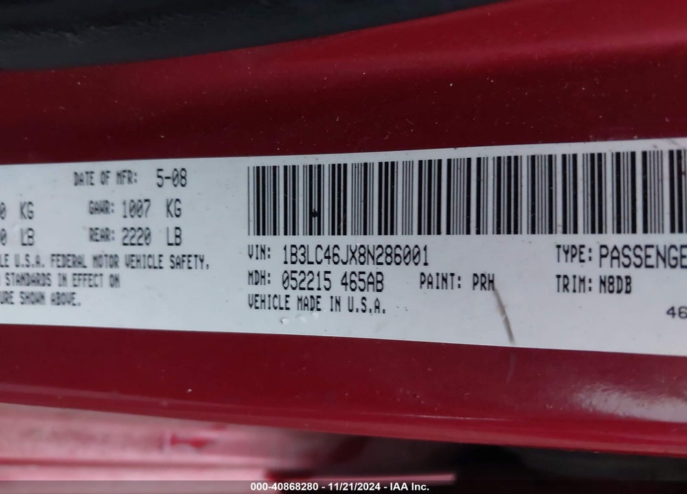 2008 DODGE AVENGER SE VIN: 1B3LC46JX8N286001